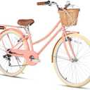 Glerc 20 24 26 Inch Beach Cruiser Bike, 6-Speed Hybrid City Bicycle for Girls Youth and Over 6 Years Old, Missy Bike with Wicker Basket & Lightweight, Multiple Colors