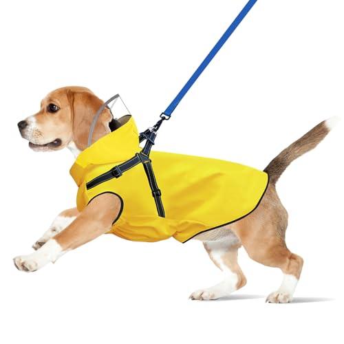 Dog Raincoat: Dog Rain Jacket with Reflective Harness & Removable Hood | Waterproof Dogs Rain Coat Poncho for Large Medium Small Dogs Puppies (Yellow - M)