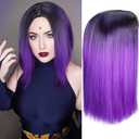 Ombre Purple Short Straight Wigs Middle Part Shoulder Length Purple Dark Roots Natural Synthetic Wigs for Women Daily Party Cosplay Raven