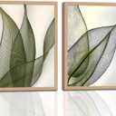 Green Leaf Wall Art Set of 2 with Wooden Frame – Minimalist Botanical Plant Prints, Modern Boho Tropical Leaves Painting, Framed Picture Wall Decor 16x24 Inch