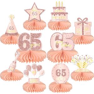 10PCS 65th Birthday Decorations Centerpieces for Table Decorations,Rose Gold Pink Happy 65th Birthday Honeycomb Table Topper Birthday Party Decoration for Women (Rose Gold & Pink, 65 Years)