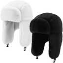 Geyoga 2 Pack Plush Ushanka Hat Unisex Foldable Earflap Trapper Hats for Winter Warmth, Skiing, Travel and Outdoor Activities(Black, White)
