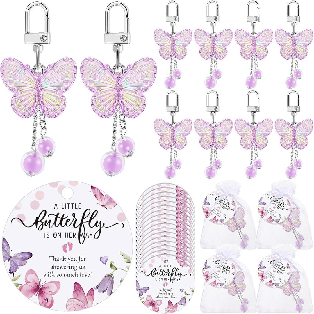25 Set Baby Shower Favors for Guests Butterfly Keychain Bulk Thank You Cards Bag Baby Shower Return Gifts (Purple)