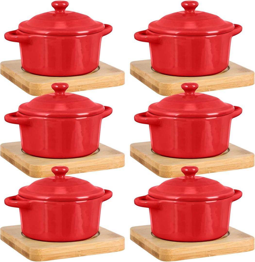 Mimorou 6 Set 7 oz Ceramic Mini Cocotte Set with Lid and Wooden Base Pumpkin Bowl Set with Handle Ceramic Soup Bowls Baking Ramekins Round Casserole for Home Thanksgiving Pumpkin Dish (Red)