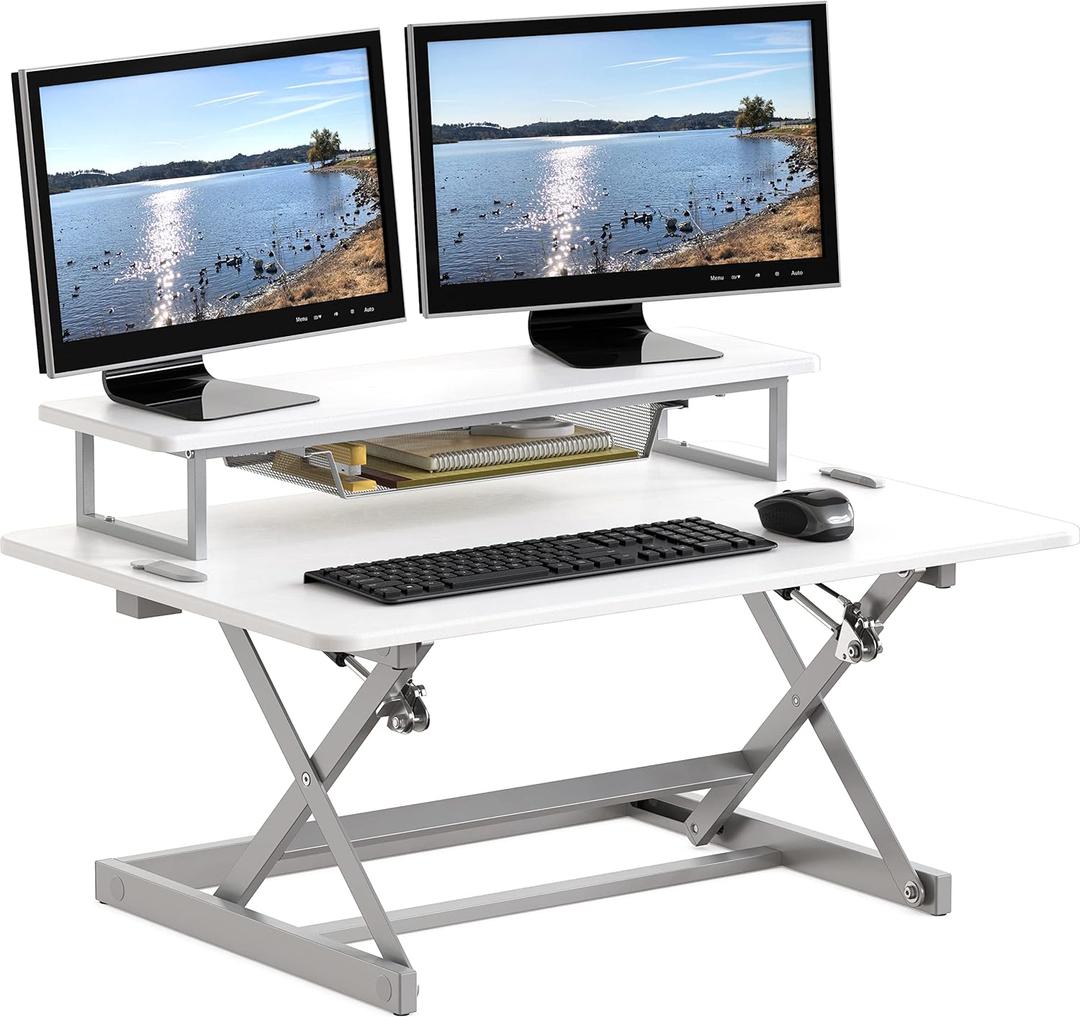 SHW 36-Inch Height Adjustable Standing Desk Converter Sit to Stand Riser Workstation, White SHW 36-Inch Height Adjustable Standing Desk Converter Sit to Stand Riser Workstation, White