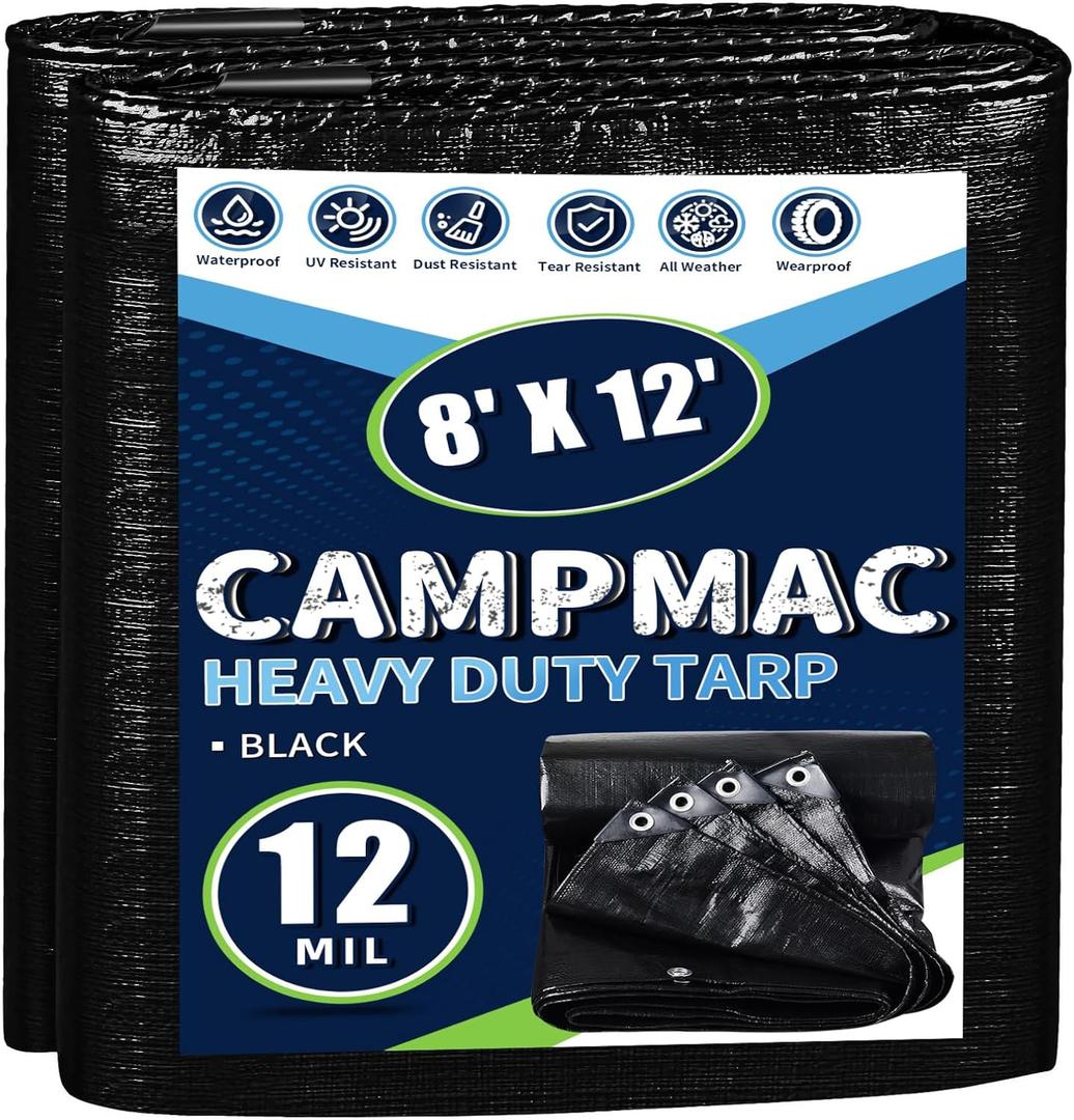 Black Tarps Heavy Duty Waterproof 8x12, 12 Mil Thick, High Durability, Rip and Tear Resistant with Metal Grommets Every 20 Inches