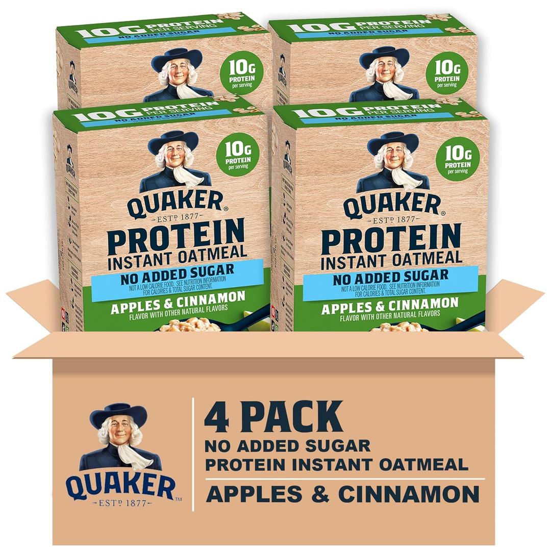 Quaker Protein Instant Oatmeal, Apple Cinnamon, 12g Protein per Serving, Whole Grains, No Artificial Flavors, No Added Colors, 1.76 oz Packets, (24 Pack), BB 02-21-27
