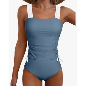 Aleumdr Womens Retro Ruched Two Piece Strappy Tummy Control Swimwear Tie Side Tankini Bathing Suit Set, L