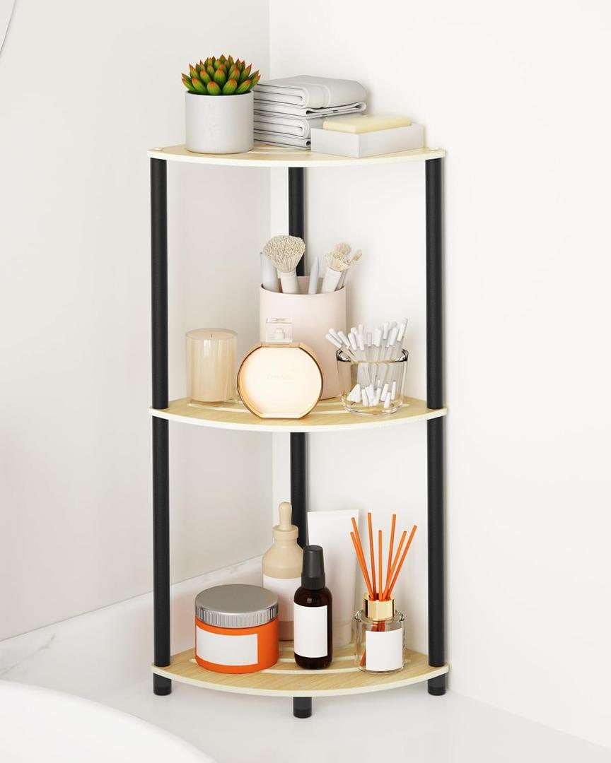 Bathroom Countertop Organizer, 3-Tier Corner Vanity Organizer, Stainless Steel & PVC Panel, Waterproof & Adjustable Floor Standing Storage Shelf, Makeup Counter Tray for Bathroom, Kitchen (Black)