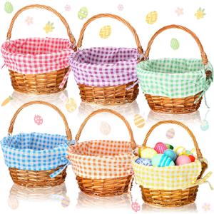 Cinnvoice 6 Pcs Easter Baskets with Handle and Liner Easter Eggs Hunt Woven Wicker Baskets Bulk Empty for Picnic Party Rattan Gift Baby's First Egg Hunt Storage Party Supplies(Colorful Plaid)