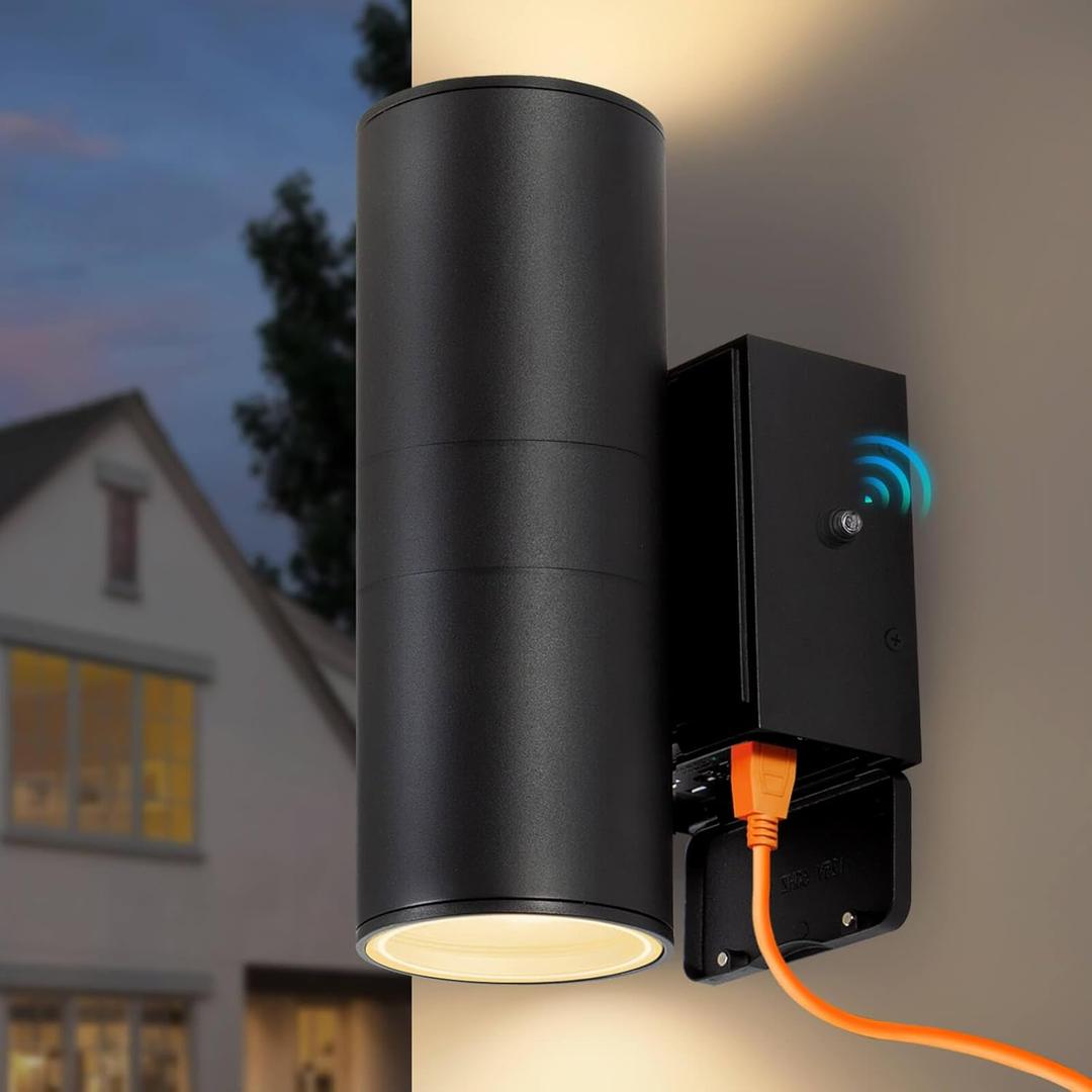 Outdoor Lights with Outlet Dusk to Dawn Porch Light Cylinder Exterior Light Fixture Wall Mount with Matte Black Finish, Modern Up and Down Lights Outdoor Sconce, Outside Lights for House Garage Patio