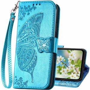 For Samsung Galaxy A36 5G Phone Case Wallet,Women Flip Cover with Credit Card Holders Butterfly Embossed PU Leather Stand Wrist Strap Purse Protective Case (Blue)