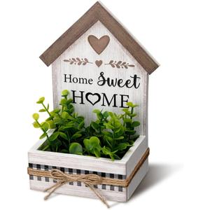 Geelin Artificial Eucalyptus Table Centerpiece Home Sweet Home House Shaped Wooden Block Sign Farmhouse Rustic Decor for Desk Table Shelf Kitchen, New House Decoration, Housewarming Gift