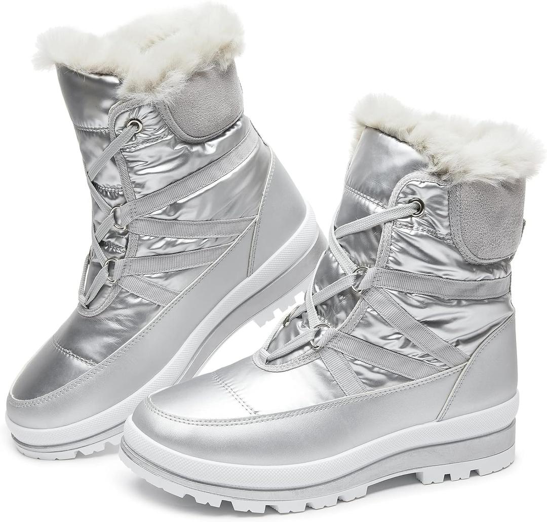 BABUDOG Womens Warm Fur Lined Mid-Calf Boots Waterproof Winter Snow Boots Non-slip Lace up Combat Boots (Size 9, Silver)
