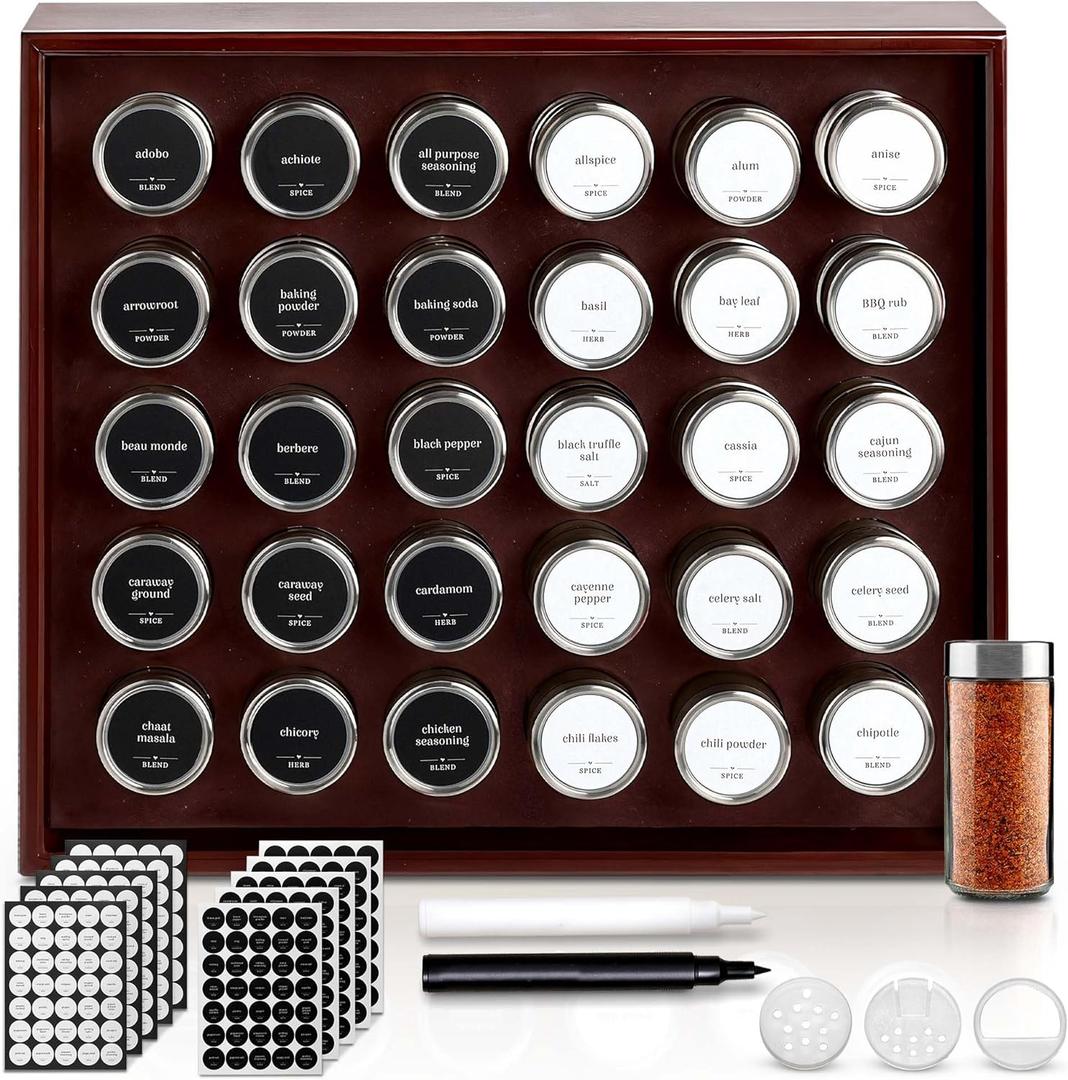 BOURBON & BARREL Wooden Spice Rack Organizer with Glass Jars | Stainless Steel Lids | Bamboo Countertop Spice Organization | 350 Waterproof Spice Labels | 2 Chalk Markers | 30 4oz Jars [Cherry]