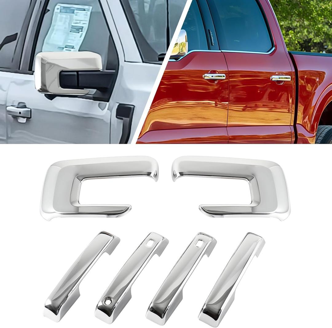 Side Mirror Covers Compatible with Ford F150 2021-2025 Chrome Door Handle Covers W/ 2 SMT Keyholes