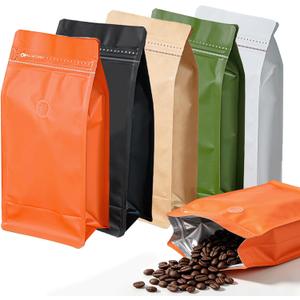 50 Pcs 0.5lb Orange Long Coffee Bean Bags with Valve, Easy Tear Open & Repeating Sealed Zipper, Heat-Seal Stand Up & Flat Bottom Coffee Bag, Capacity(8 oz, Orange)
