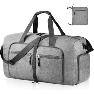 Dimayar 65L Travel Duffle Bag for Men Women - Foldable Duffel Bag with Shoes Compartment - Overnight Bags Waterproof & Tear Resistant(Gray) (Grey)