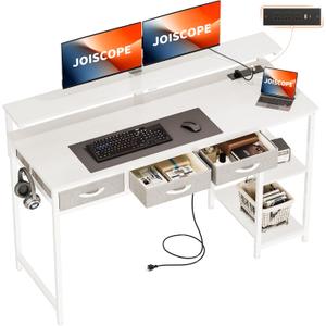 JOISCOPE Home Office Desk with Power Outlets (3AC, USB, Type-C), 55  20 Inch Computer Desk with 3 Drawers & Shelves, Laptop Table with Display Riser, Gaming Study Drafting Table for Bedroom, White