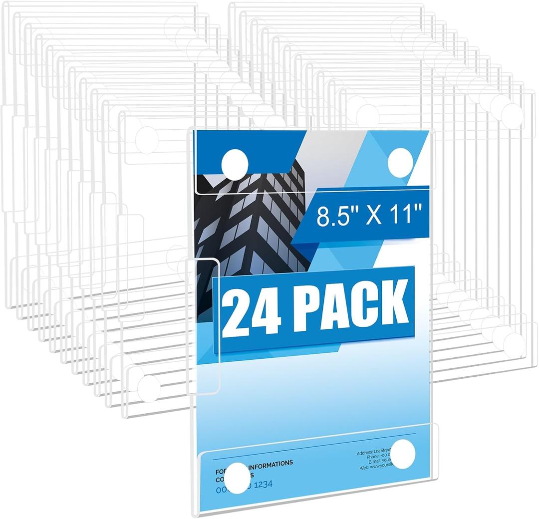 24 Pack Acrylic Wall Sign Holder 8.5 x 11 Inch Vertical or Horizontal Use Wall Mount Sign Holder No Drilling Clear Acrylic Frames with Tape Adhesive for Office Store Wedding Party Decor
