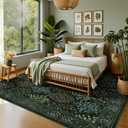 Yarooge 8x10 Area Rugs, Green Washable Low Pile Floral Rugs for Living Room, Bedroom, Large Boho Area Rug with Non-Slip Backing for Dining Room