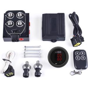 12V Solenoid Valve Air Ride Suspension manifold valve with remote controller 0-200psi, equipped with double display air pressure gauge red