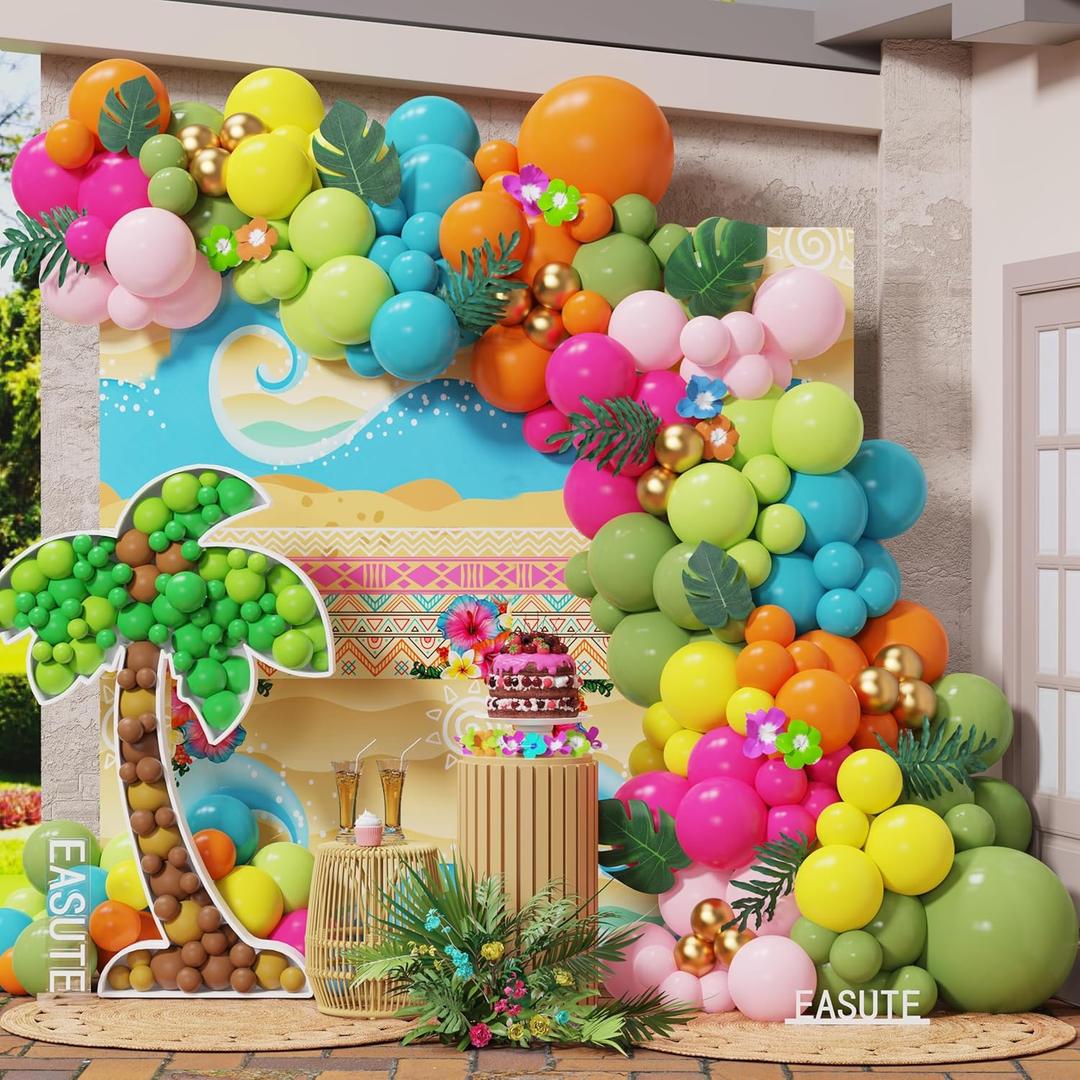 145Pcs Tropical Hawaiian Balloon Arch Kit, Pink Orange Blue Green Balloons with Palm Leaves, Summer Aloha Beach Pool Birthday Luau Party Decorations Supplies