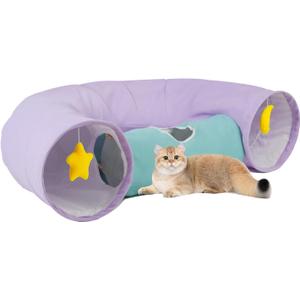 Cat Tunnel, Large Indoor Durable Collapsible Interactive Cat Tube with Peek-A-Boo Hole, Hanging Toys, and Crinkly Paper Lining - Cute Tunnel for Cats, Kittens, Puppies & Rabbits, Purple