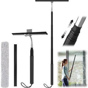 Shower Squeegee with Long Handle, 15-51" Telescopic Squeegee for Window Cleaning, Window Squeegee for Glass Doors, Extendable Window Cleaner Tool for Tile Walls, Sliding Door, Floor, Car Windshield (Silver+black)