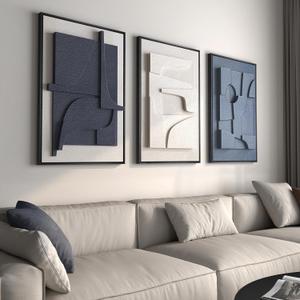 Large 3D Textured Framed Blue and White Abstract Wall Art for Living Room, 3 Piece Modern Artwork for Walls, Minimalist Navy Blue Geometric Paintings for Hallway, Stair, Office Wall Decor 24x36 In, 24"W x 36"H x 3Pcs