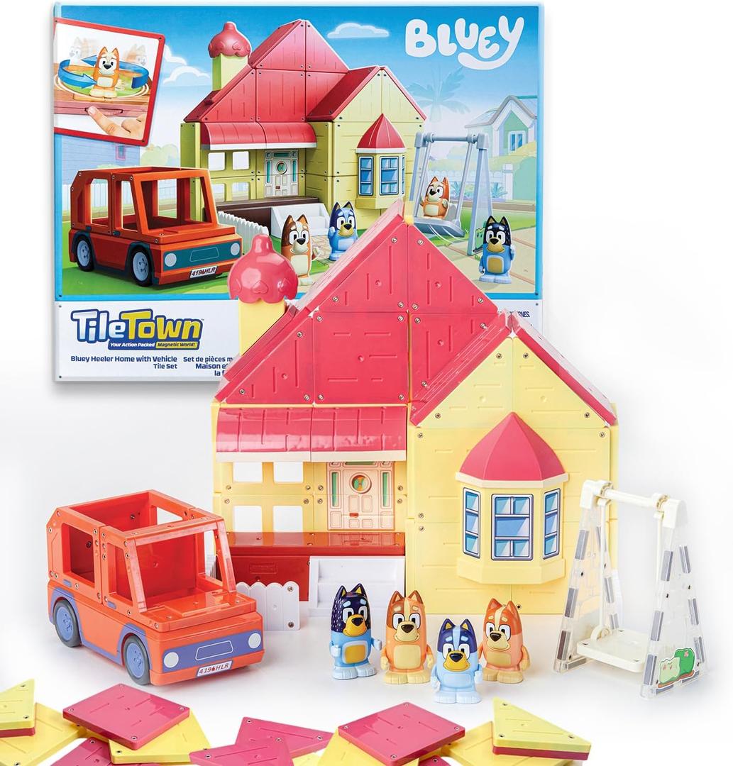 Tile Town Bluey Heeler Home Magnetic Tiles Playset 46-Piece STEM Building Set, Includes Magnetic Bluey & Bingo Figures, Action Tiles, Creative Construction Toy for Kids Ages 3+ 