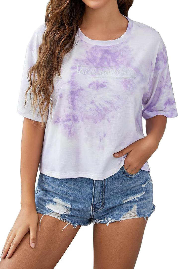 ft FENTENG Women's Crop Tops T Shirts Short Sleeve Casual Tops Round Neck Tee Shirt (X-Large, Tie Dye Purple)