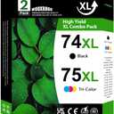 74XL 75XL High-Yield Ink Cartridges (2-Pack, Black/Tri-Color) Replacement for HP 74 75 Ink Cartridge Work for DeskJet D4260 OfficeJet J5725 J5790 J6405 J6488 Photosmart C4280 C4300 C4400 C4500 Printer