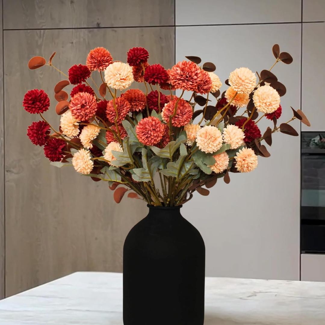 Fall Flowers, Burnt Orange Faux Kiku Flowers Artificial 10 Stems + Eucalyptus, Fake Silk Mums Fall Floral Centerpiece, Autumn Decor, Terracotta Mini Balls Faux Stems For Vase, Autumn Decoration