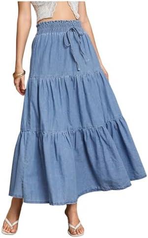 SweatyRocks Women's Boho Demin Maxi Skirt Ruffle Flowy High Waist Bow Decor Jean Long Skirts, Large