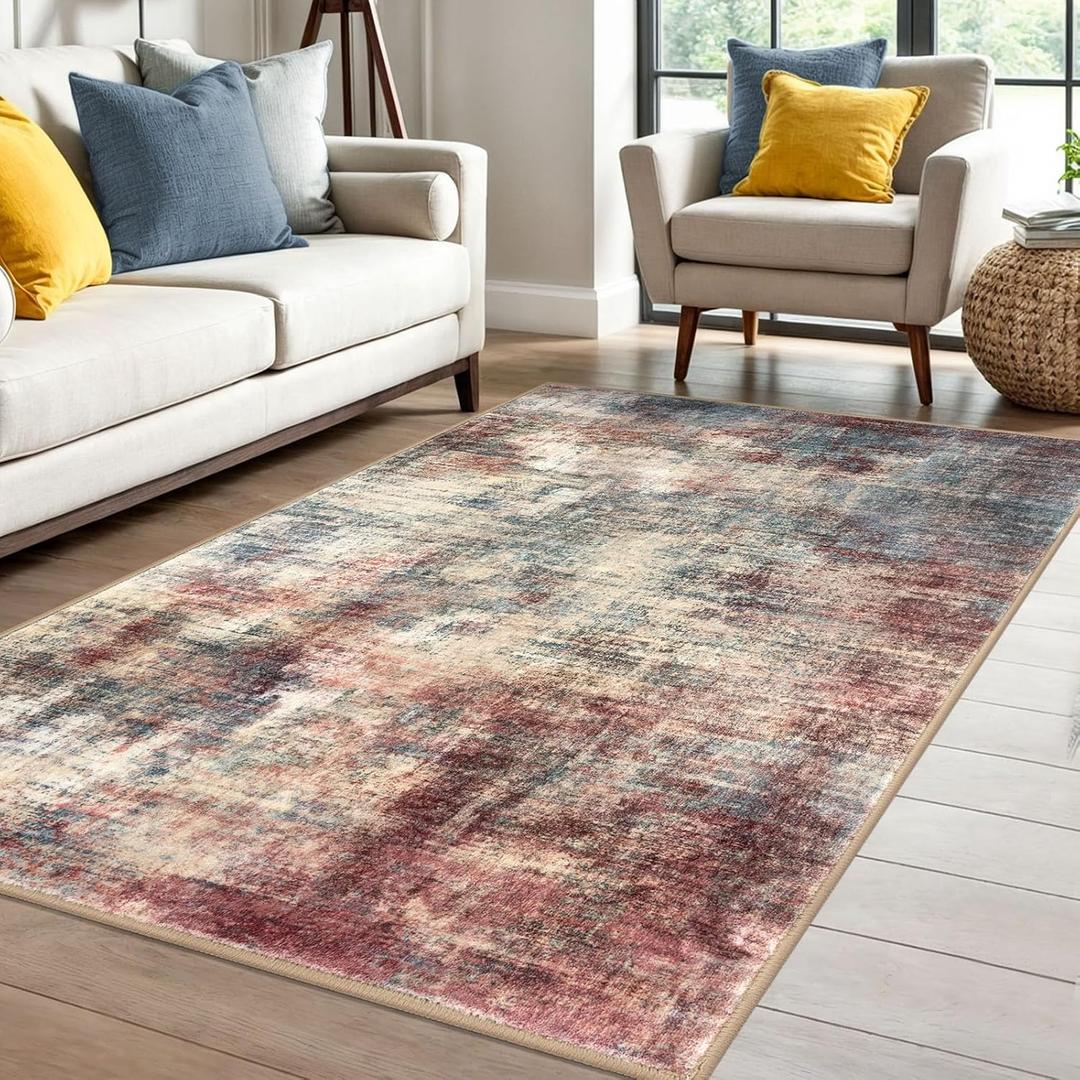Abstract Area Rug 5ft x 7ft Washable Rugs for Entryway Indoor, Non Slip Small Living Room Rugs Printed Faux Wool Throw Rug, Floor Carpet for Kitchen Nursery Playroom, Red/Multi