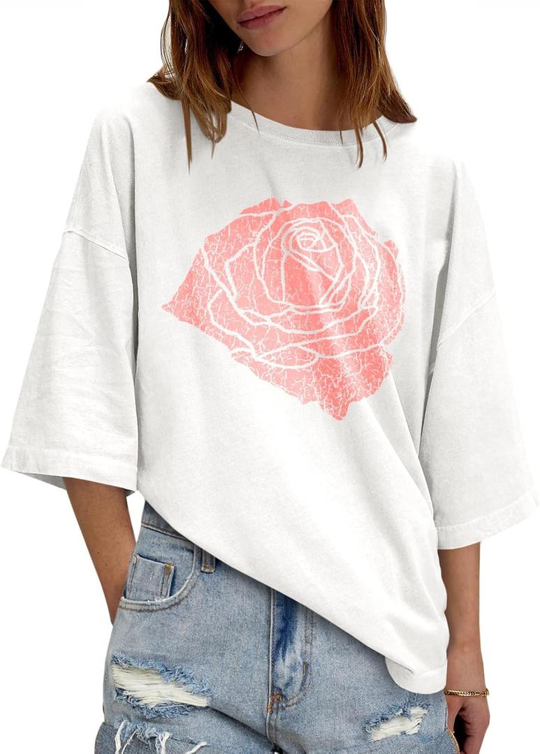 Tankaneo Womens Oversized Half Sleeve T-Shirts Summer Casual Crew Neck Tunic Tops Loose Fit Boxy Basic Tees (White) M