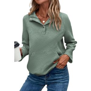 KIRUNDO Womens Sweatshirt Casual Textured Long Sleeve Henley Button V Neck Loose Pullover 2025 Trendy Fall Outfits Tops (Sage Green, Small) (Green, S)