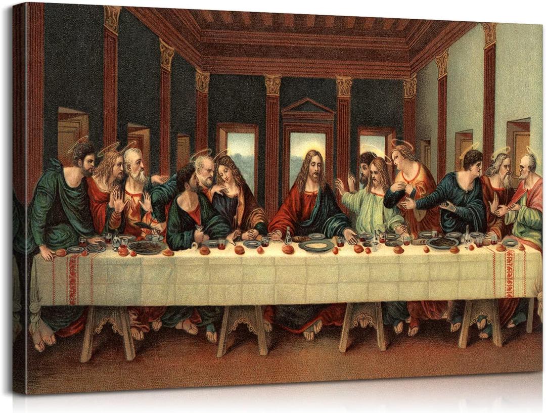Last Supper Wall Decor Jesus Art with Built-in Wooden Frame - Jesus Wall Art Christian Paintings & Leonardo da Vinci Last Supper Picture for Dining Room - Lightweight & Easy Hanging, 12x18 Inches