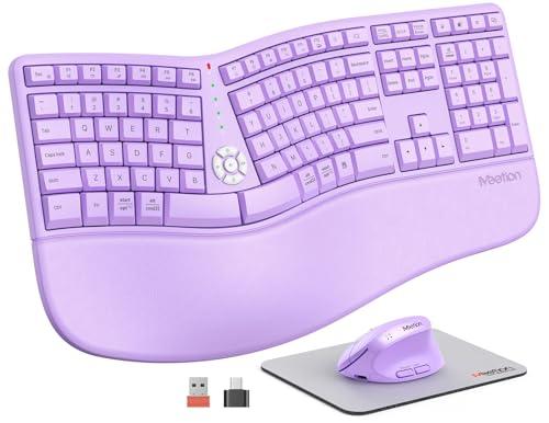 MEETION Ergonomic Wireless Keyboard and Mouse, Curved Keyboard with Vertical Mouse, Split Ergo Keyboard with Wrist Rest, Natural Typing Rechargeable Full Size, Windows/Mac/PC/Laptop, Purple