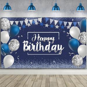 Tatuo Happy Birthday Decorations Backdrop Banner, Glitter Birthday Backdrop Sign Poster Party Supplies Photo Background for Men Women, 72.8 x 43.3 Inch(Silver and Navy Blue)