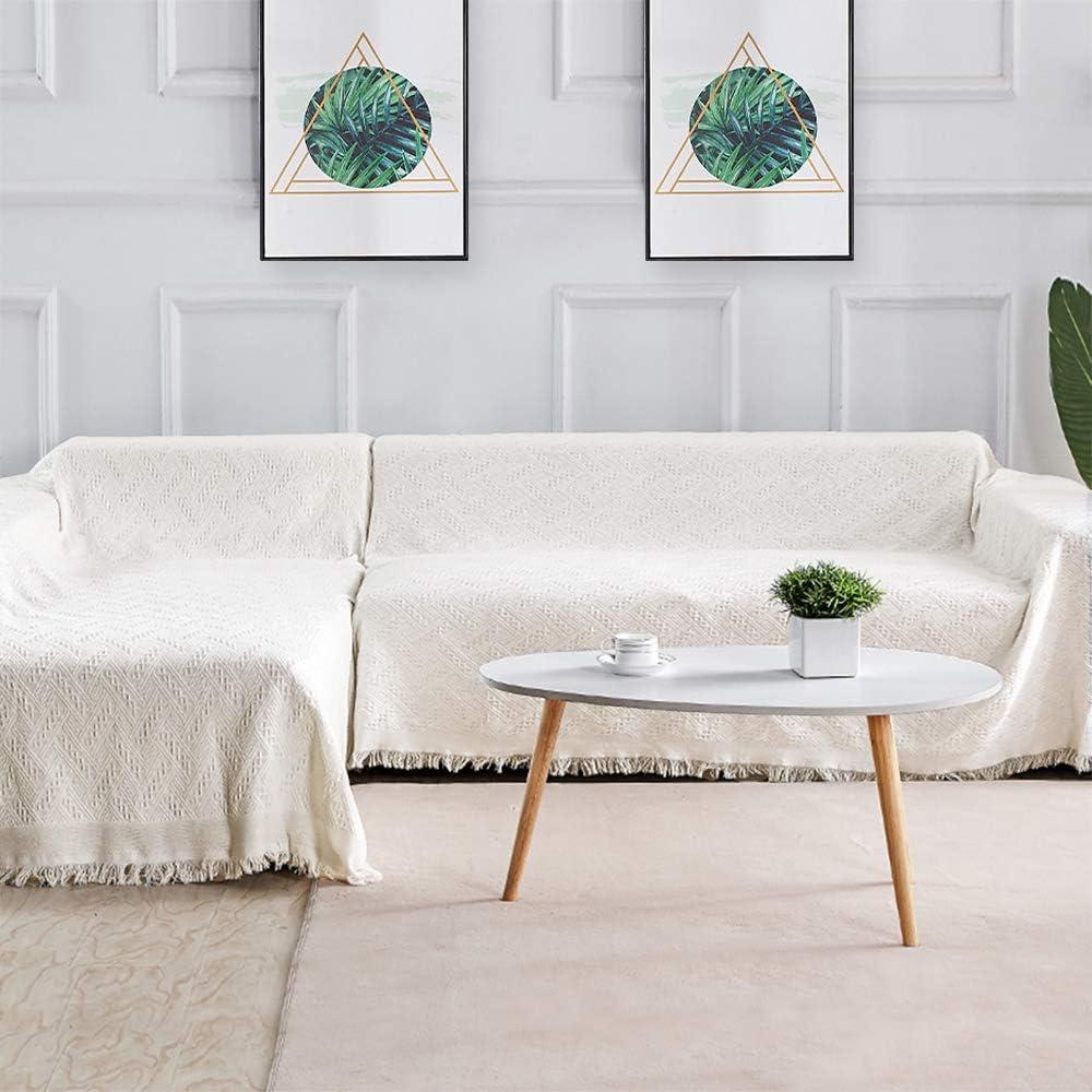 Rose Home Fashion Geometric Jacquard Sectional Couch Covers for Sectional Sofa - 2 Pieces Washable L Shape Couch Cover Blanket with Tassels, Furniture Protector for Dogs (X-Large, Beige-White)