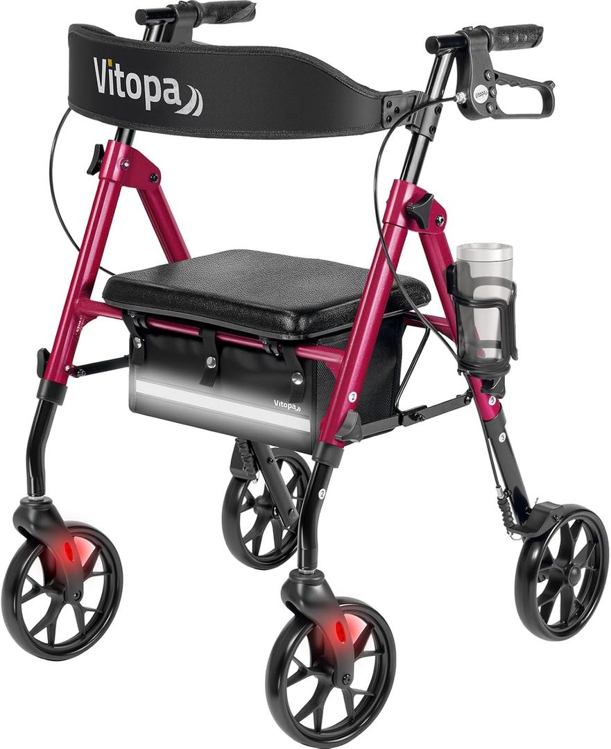Walkers for Seniors with Seat W20S, 350 lbs Heavy-Duty Rollator Walker, Smooth 8 Widened Wheels, Foldable, Dual Height Adjustable, Thickened Ergonomic Seat & Backrest, Burgundy Red