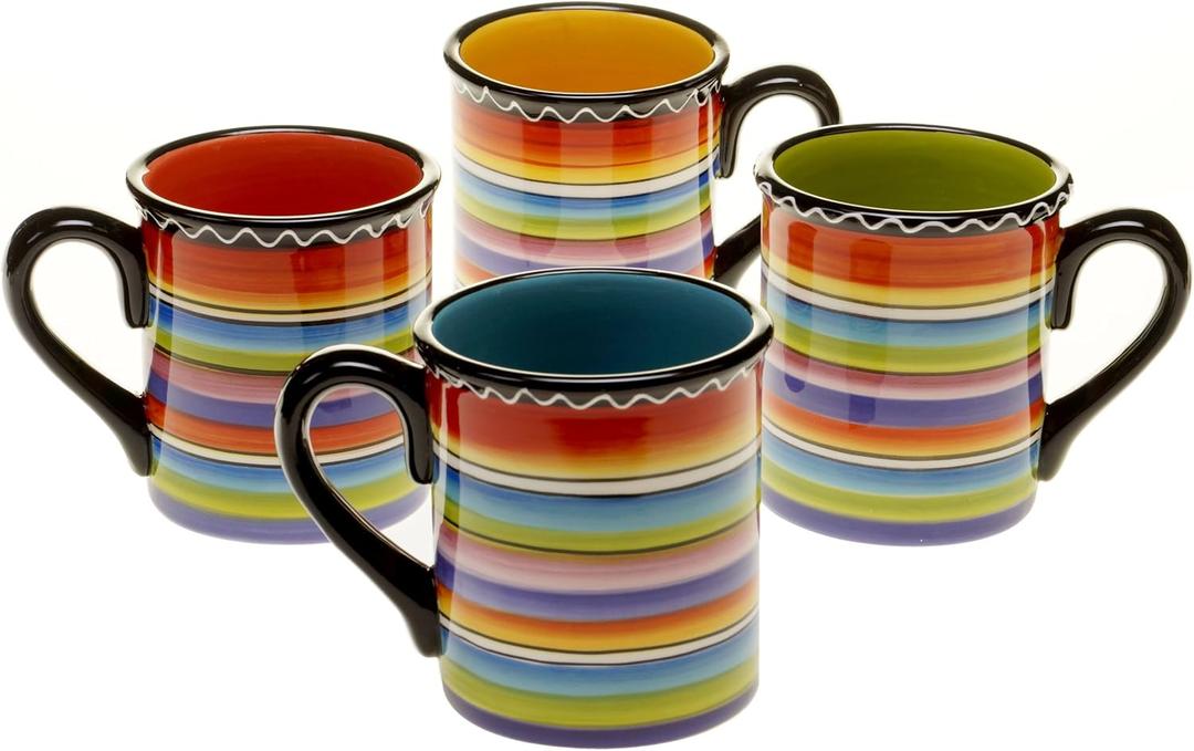Sunrise Mugs Set of 4, 15 oz Colorful Ceramic Coffee, Tea, Cocoa & Cider Cups with Black Handles, Assorted Fiesta Stripe Designs, Microwave & Dishwasher Safe Drinkware