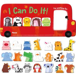 I CAN DO IT Token Board,Magnetic Reward Chart with 26 Animal Magnets, Red Bus Reward Chart for Kids, Incentive Positive Chart for Good Behavior and Responsibility, Great for Toddlers, Kids, Students