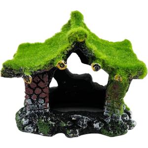 Tfwadmx Aquarium Decoration House Resin Hollow Hideout House,Small Betta Fish Hide Accessories Cave Ornament Tank Small Fish Shrimp Hideaway with Moss