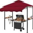 CHARMELEON 8x8 FT Grill Gazebo,Grill Canopy with Big Awning&2 Side Shelves&6 Hooks,Powder-Coated Steel BBQ Shelter for Patio Backyard Outdoor Grilling-Burgundy
