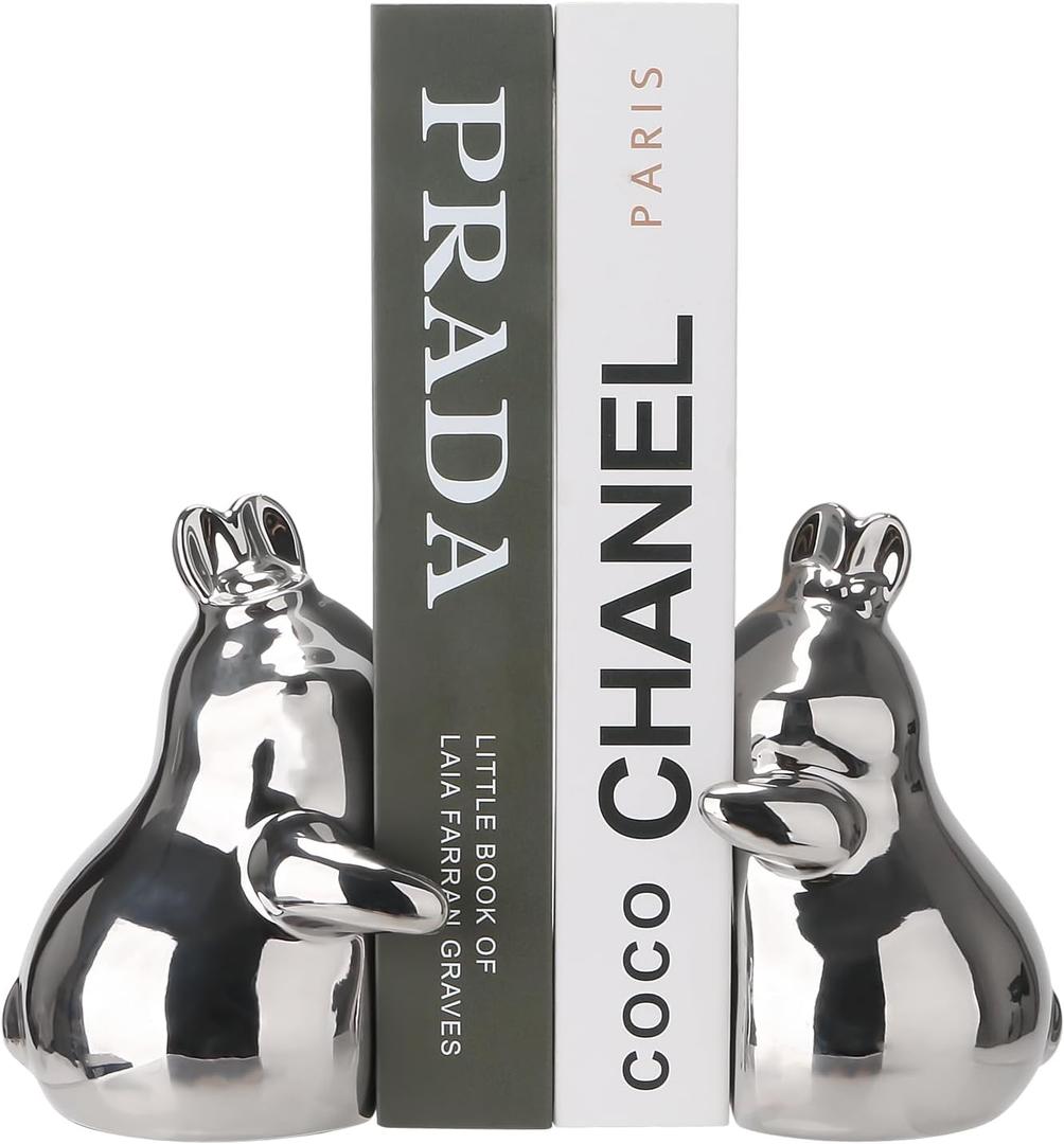 Cute Cuddly Silver Bunny Decorative Bookends, Ceramic Unique Book Holders for Shelves, Heavy Duty Book Ends Stopper for Home Office Desk Bookshelf Decoration