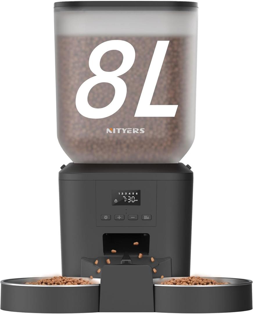 Automatic Cat Feeder for 2 Cats - 8L/34 Cups Large Capacity Auto Cat Food Dispenser with LCD Screen, 2 Food Trays, Timed Cat Feeder, Up to 50 Portions 6 Meals Per Day, Keep Fresh, Black