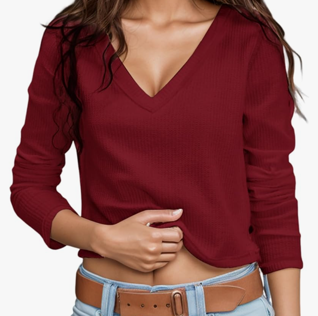 V Neck Long Sleeve Shirts for Women Trendy Going Out Crop Top Sexy Casual Loose Fit Ribbed Knit Shirt Size L